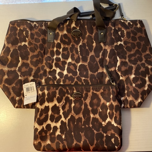 Coach Handbags - Coach, NWT Ocelot print pouch with an ocelot print tote bag inside the pouch.